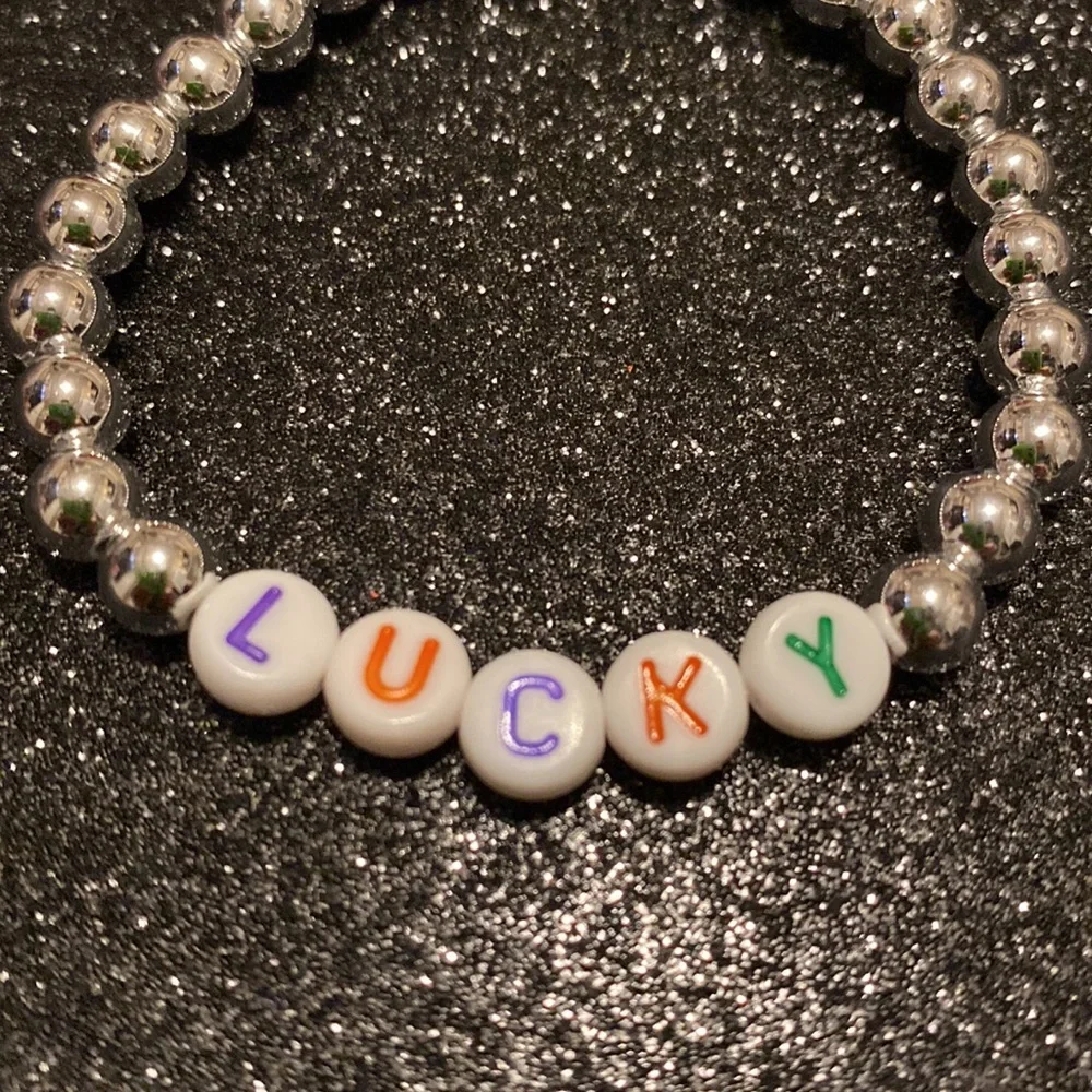 Kids faux silver beaded stretch lucky bracelet
